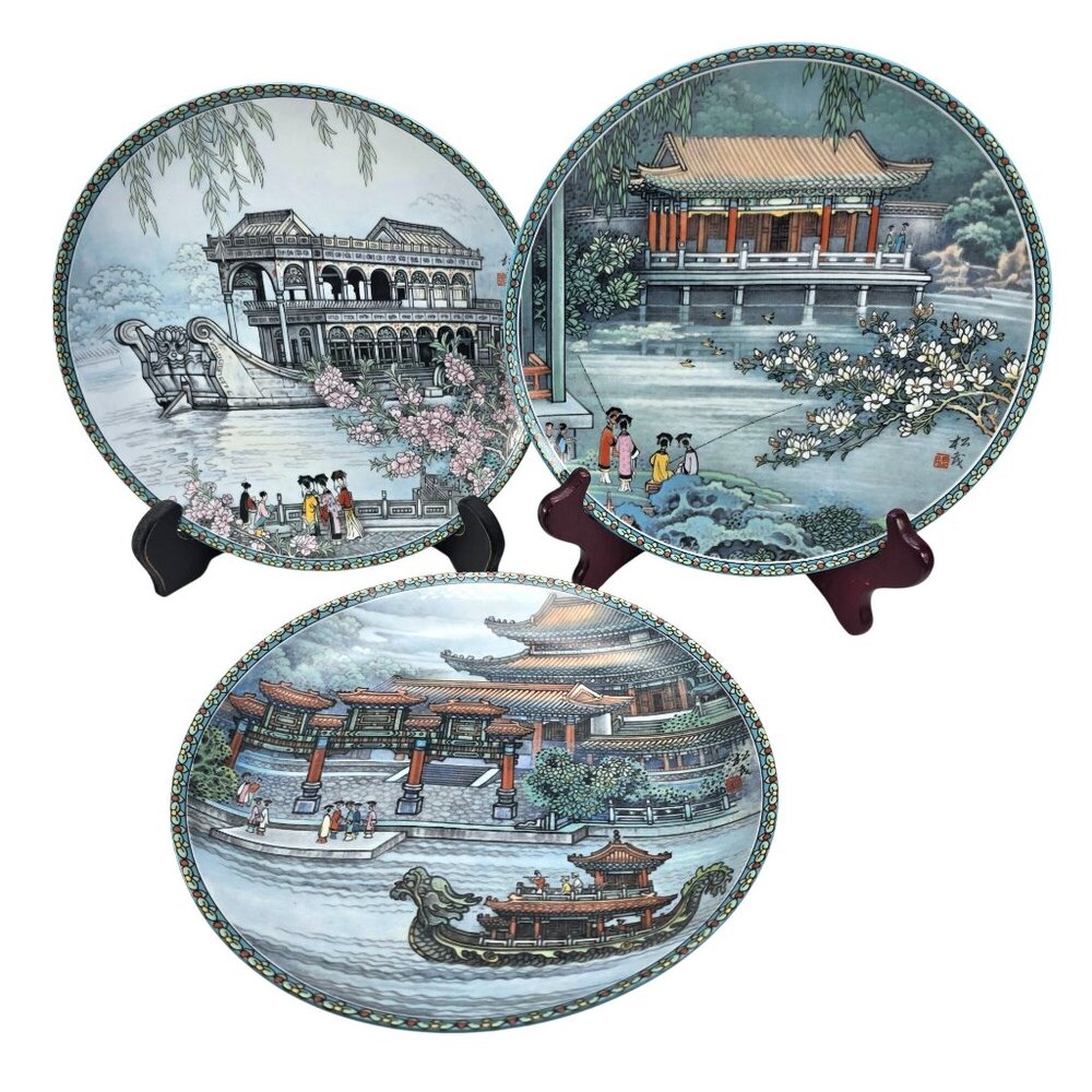 Imperial Jingdezhen Blue Chinese Porcelain Plates Scenic Waterside Art JE349